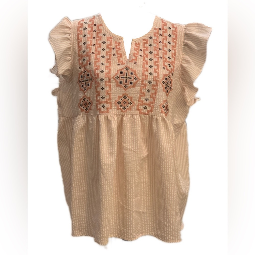 L Love Seersucker Cross-stitch Pattern Ruffle Sleeve Empire Waist Top Large